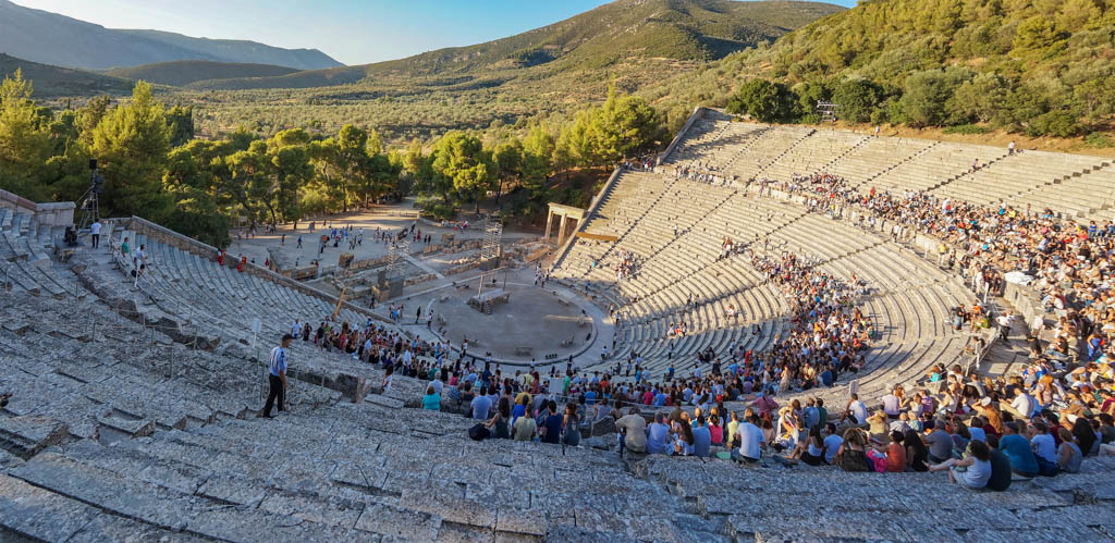 Epidaurus - Greece July 2016: Preparations before the Performance at Epidaurus Ancient Theatre in Peloponnese, Greece. Built in the 4th century BC and it is also famous for its exceptional acoustics.